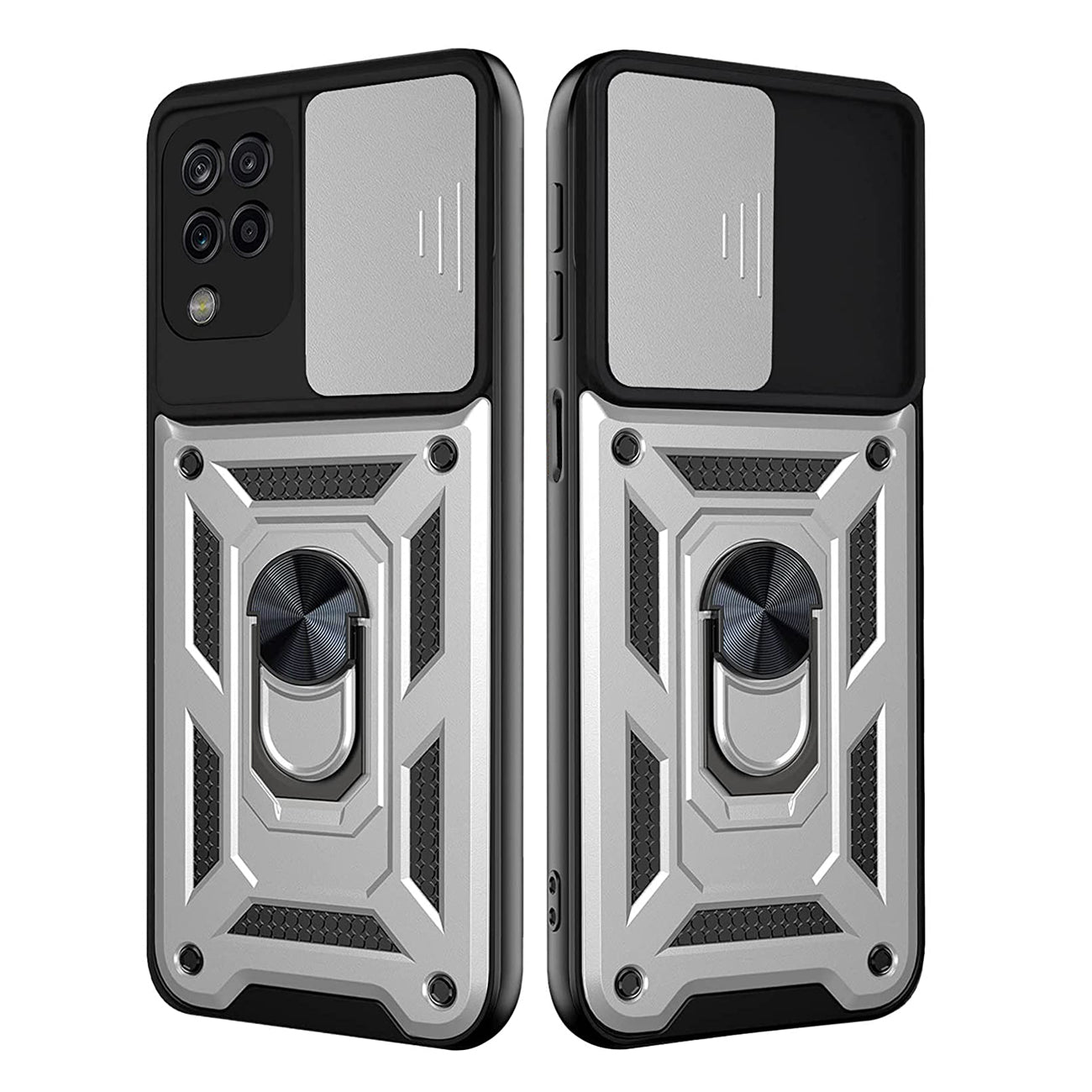 Kickstand Ring Holder with Slide Camera Cover TPU Shockproof Case and Magnetic Car Mount for SAMSUNG GALAXY A42 5G In Silver